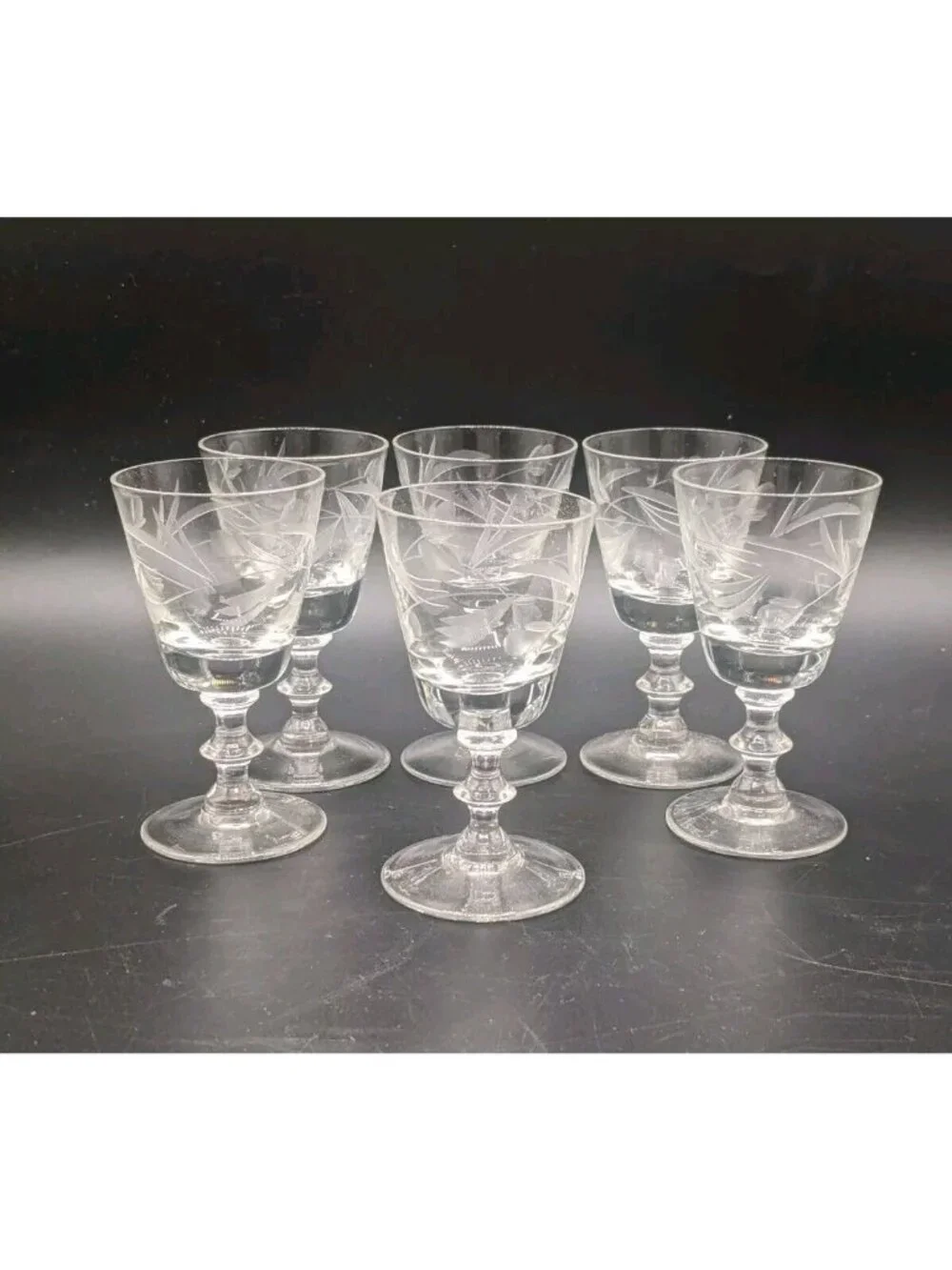 Vtg Etched Clear Glasses Set of 6 New Old Stock Cordial 2 oz